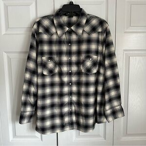 Eddie Bauer Shirt Mens 2XL Black Ivory Plaid Flannel Western Pearl Snap Cotton